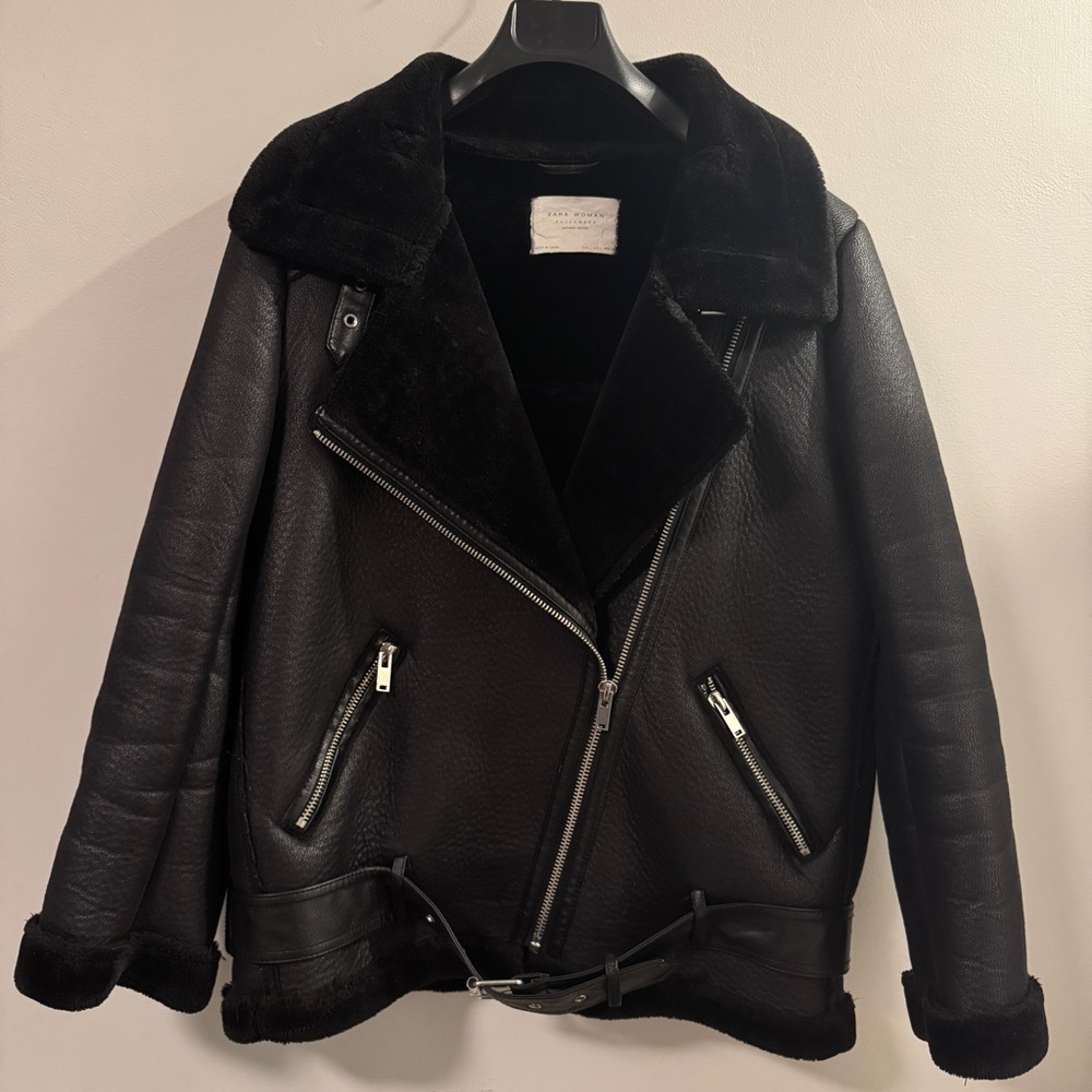 Women's Zara Black Shearling Biker Jacket L